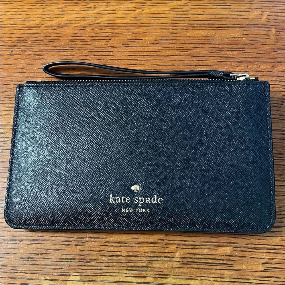 Kate Spade saffiano cross grain black leather wristlet wallet with gold tone